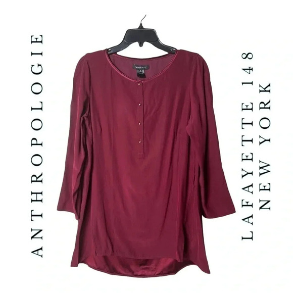 1340. ANTHROPOLOGIE LAFAYETTE 148 NEW YORK 100% SILK LONG SLEEVE BLOUSE‎ MAROON - Picture 1 of 9